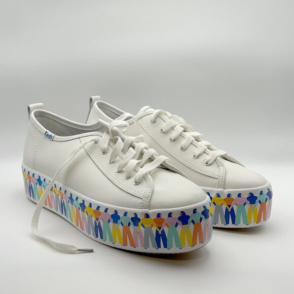 Keds Triple Up Leather Rainbow People White Platform Sneakers - Size 8.5 - NWT - Picture 2 of 8